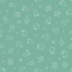Gift wrapping paper seamless pattern with cute cartoon cactus, green flower children vector illustration background for cactus girl