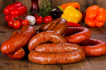 Pork sausages over wooden