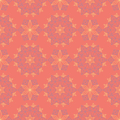 Floral red seamless pattern. Bright colored background with yellow and blue flower elements