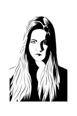 vector shadow portrait of a young woman with long hair in black and white