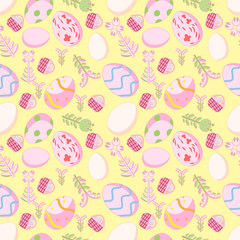 pattern and Easter eggs and flowers yellow background