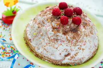 Easter quark dessert cheese paska decorated with raspberry and chocolate