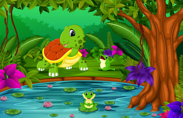 turtle and frog in the jungle with lake scene
