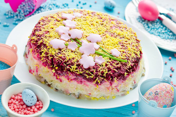 Herring under fur coat or shuba russian salad decorated for Easter