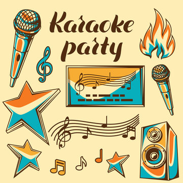 Karaoke party items. Music event set of objects. Illustration in retro style