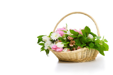 Fototapeta na wymiar close-up shot of beautiful flowers in basket isolated on white