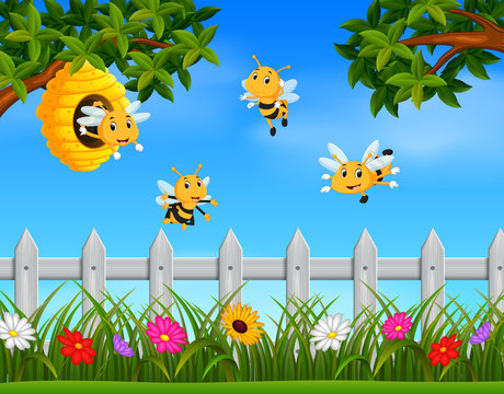 Illustration of bee flying around a beehive in the garden