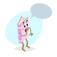 Obraz na płótnie Canvas Cartoon funny pink disappointed book mascot on round background. Dummy speech bubble. Surprised character. Education and school vector illustration icon.