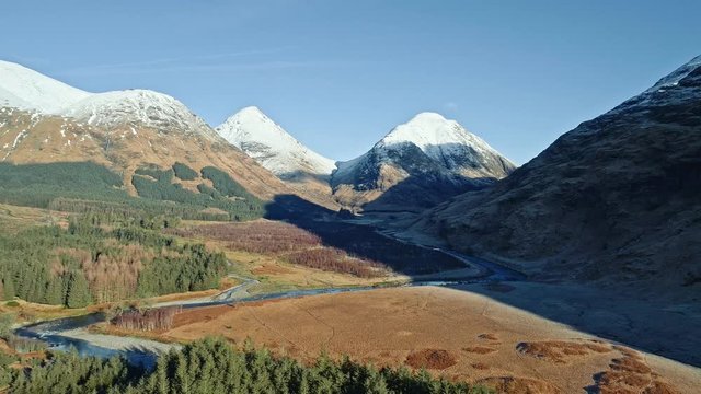 Aerial view of Glen Etive – mountains, rivers and lakes of Scottish highlands, UK.