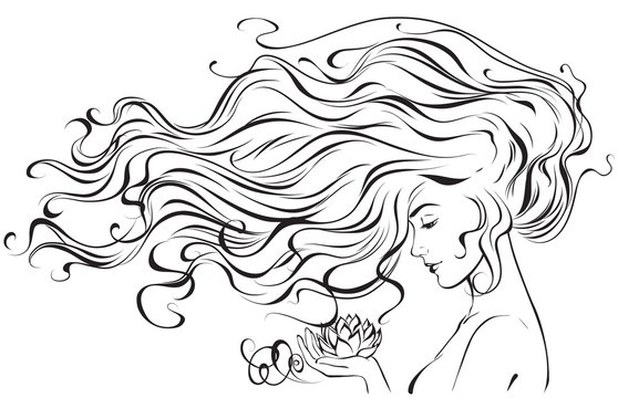 Graphic image of a young girl with developing hair and a Lotus flower in her hand. Vector illustration