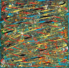 Malerei/ Gemälde/ Hintergrund aus Dunkelgrün mir bunten Streifen, Gouache, Farben, Leinwand 