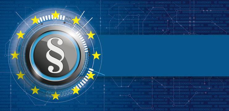 Button mit Paragraf und einer EU Flagge auf einem digitalen Hintergrund