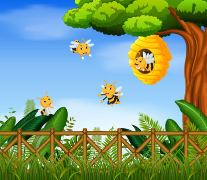 Scene with bees flying around beehive illustration