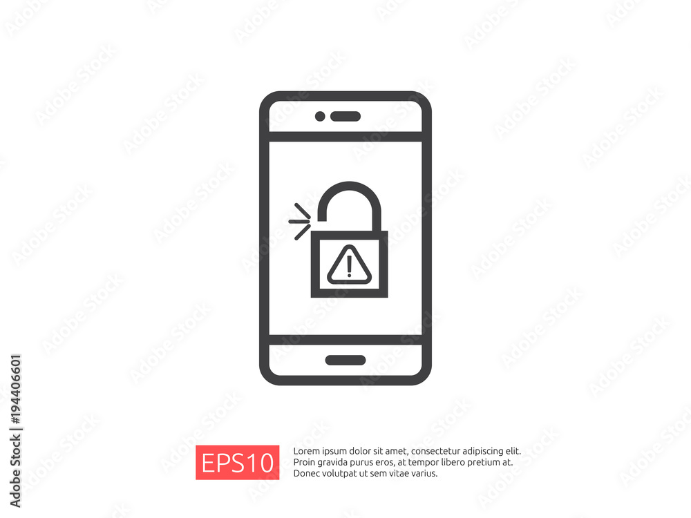 Poster mobile phone with open padlock attention icon exclamation mark warning alert sign. account access se