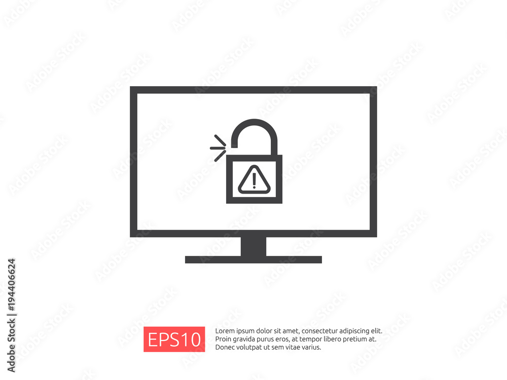Poster computer pc screen with open padlock attention icon exclamation warning alert sign. account access s