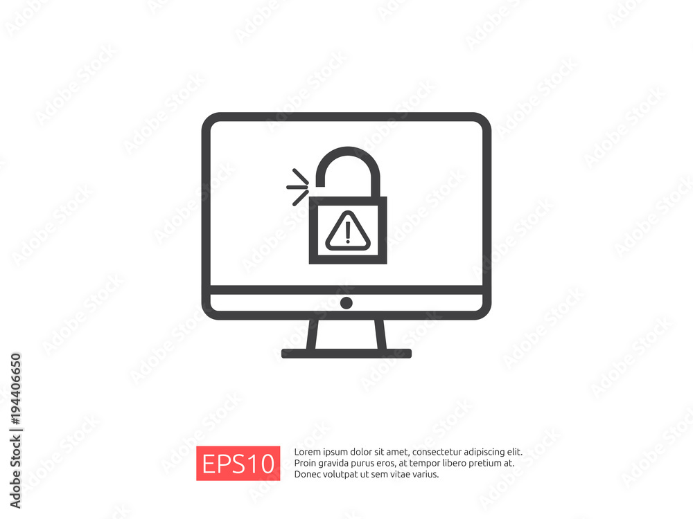 Poster computer pc screen with open padlock attention icon exclamation warning alert sign. account access s