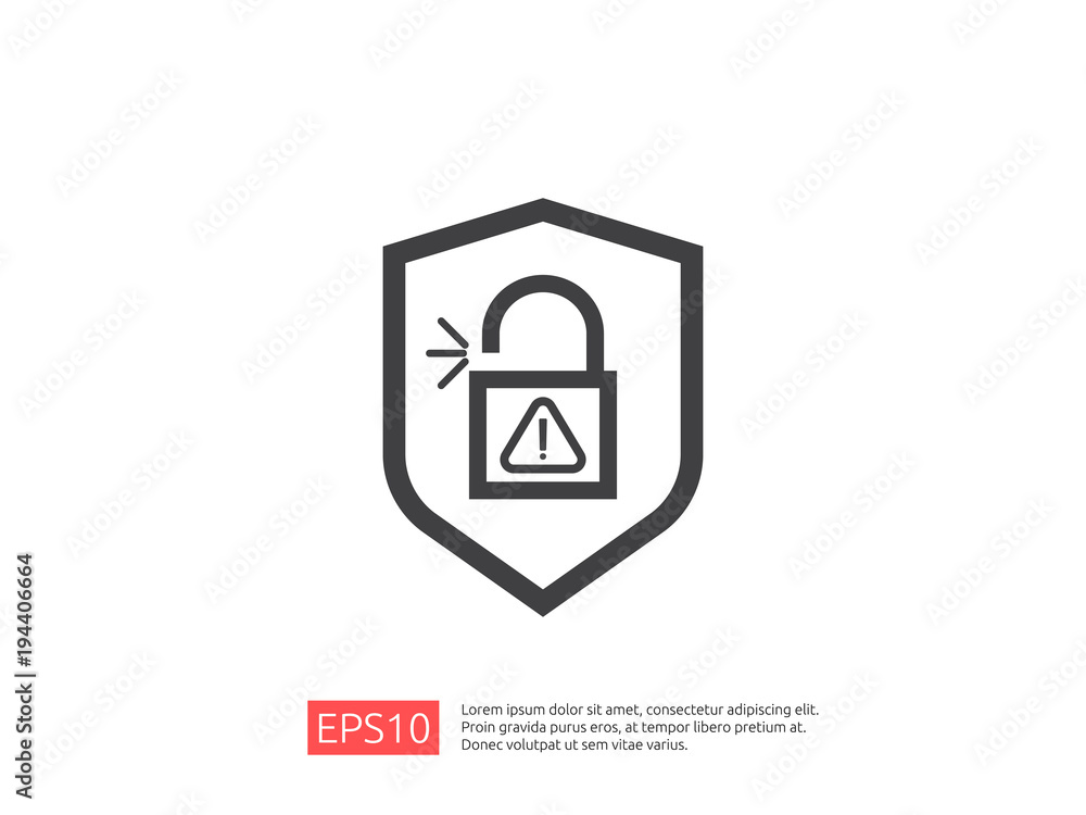 Poster shield open padlock attention icon with exclamation mark symbol warning alert sign. account access s