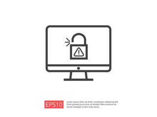 computer PC screen with open padlock attention icon exclamation warning alert sign. account access security banner concept. safe secure of personal access, user authorization, VPN internet protection.