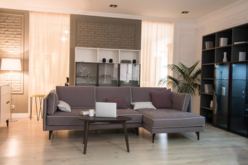 Interior of living room with couch, laptop at table and closet in modern design