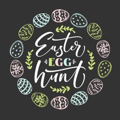 Easter egg hunt invitation template with colored eggs. Freehand drawing on chalkboard.
