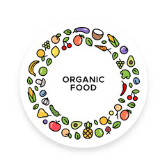 Fresh and healthy fruits and vegetables in circle. Vegetarian organic food design concept