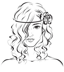 Graphic portrait of a beautiful girl with a flower in her hair. Vector illustration