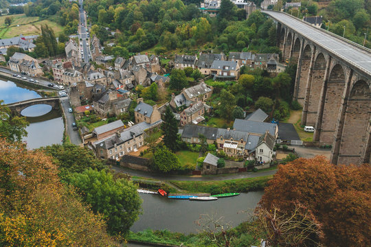 Aerial view of Vallee de la Rance with old bridge Le Vieux Pont and 40 meter high viaduct over river Rance in medieval town of Dinan, Brittany, France