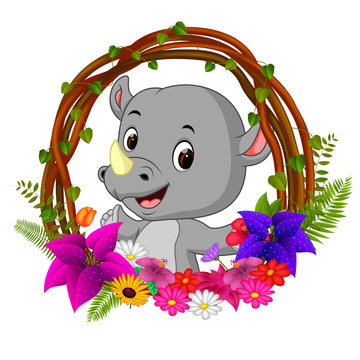cute rhino in root of tree frame with flower