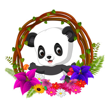 cute panda in root of tree frame with flower