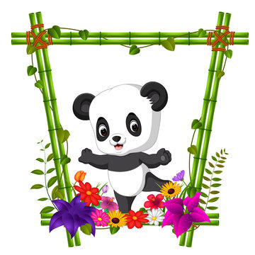 cute panda in bamboo frame with flower scene