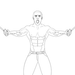 Fototapeta premium Bodybuilder in the gym. Athlete pulls weight. Vector object on a white background. Coloring book