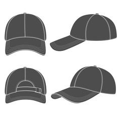Set of black and white illustrations with a baseball cap. Isolated vector objects on white background.