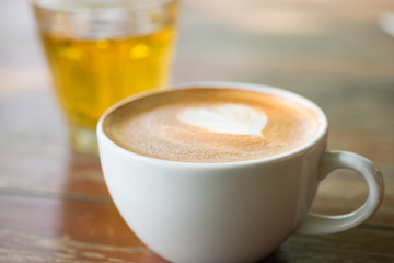 Coffee, drinks, coffee and cake on a wooden table, breakfast