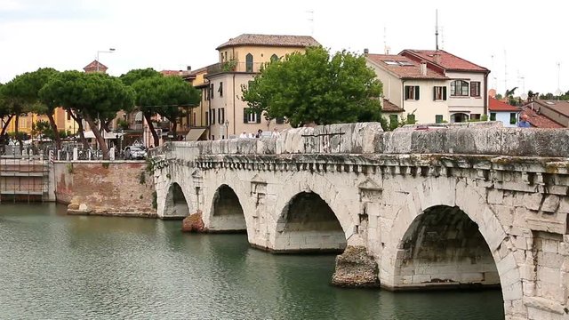old stone Tiberius bridge Rimini Italy