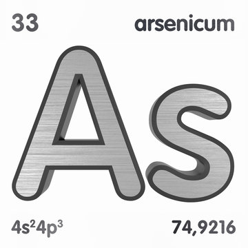 Arsenic (As) or  Arsenicum. Chemical element sign of periodic table of elements. 3D rendering.