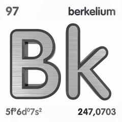 Berkelium (Bk). Chemical element sign of periodic table of elements. 3D rendering.