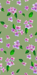 Lilac wild flowers seamless pattern. Small flowers and leaves hand drawn. Vector illustration for textile, wrapping, scrapbooking.
