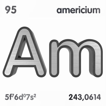 Americium (Am). Chemical element sign of periodic table of elements. 3D rendering.
