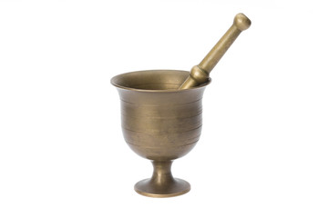 Antique brass mortar with pestle, isolated on a white