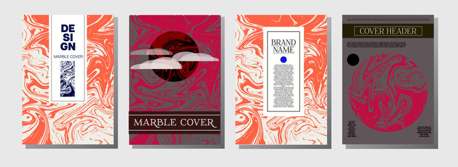 Marble Ink Texture Cover Collection. A4 Vector Liquid Paint Journal Template. Orange, Brown, Green, Trendy Marble Ink Texture Cover Set. Neutral Faded Colors, Hipster Music Poster. Suminagashi Ebru.