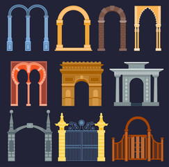 Fototapeta premium Arch gate vector house exterior design architecture construction frame classic, column structure gate door facade and gateway building ancient construction illustration. Traditional art frame doorway