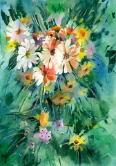 Obrazy  Malarstwo akwarelowe. Tło z jasnymi dzikimi kwiatami w zielonej trawie.