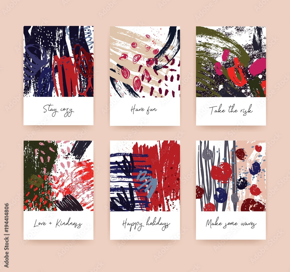 Aufkleber bundle of textured card or postcard templates with handwritten wishes and abstract hand drawn textur