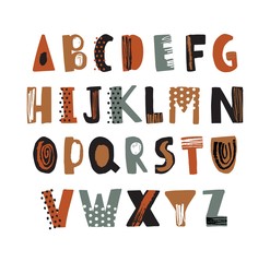 Trendy latin font or decorative english alphabet hand drawn on white background. Creative textured letters arranged in alphabetical order. Modern typeface with dots and scribbles. Vector illustration.