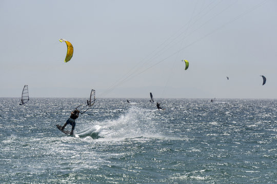 Kitesurfers on Tarifa. Spain.