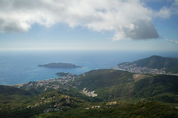 Panorama of Budva Riviera seen from Sveti Stefan Lookout Point during Sunset, Montenegro
