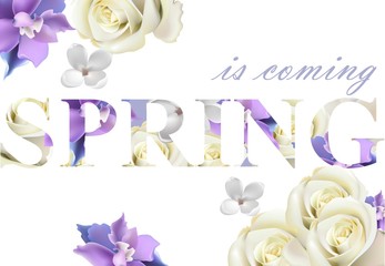 Spring text background with flowers Vector realistic illustrations