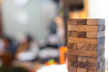 Jenga game, The tower from wooden blocks from the top view, Jenga. Concept : Business, contruction, engineering, planning.
