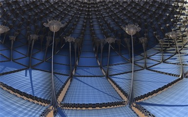 Computer generated 3D fractal.The construction of the city bridge on a blue background.