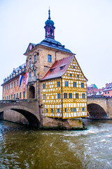 Old town hall in Bamberg while it snows, Germany